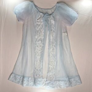 Vintage Peignoir Robe Sheer Lace-Trimmed Baby Blue Small